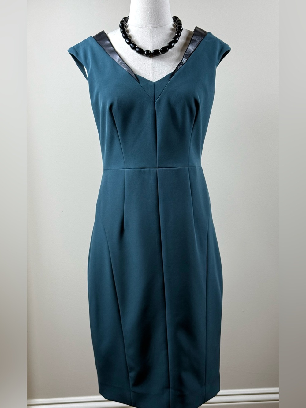 Milly Teal Sheath Dress Leather Trim Sz 4 (altered sz 8)